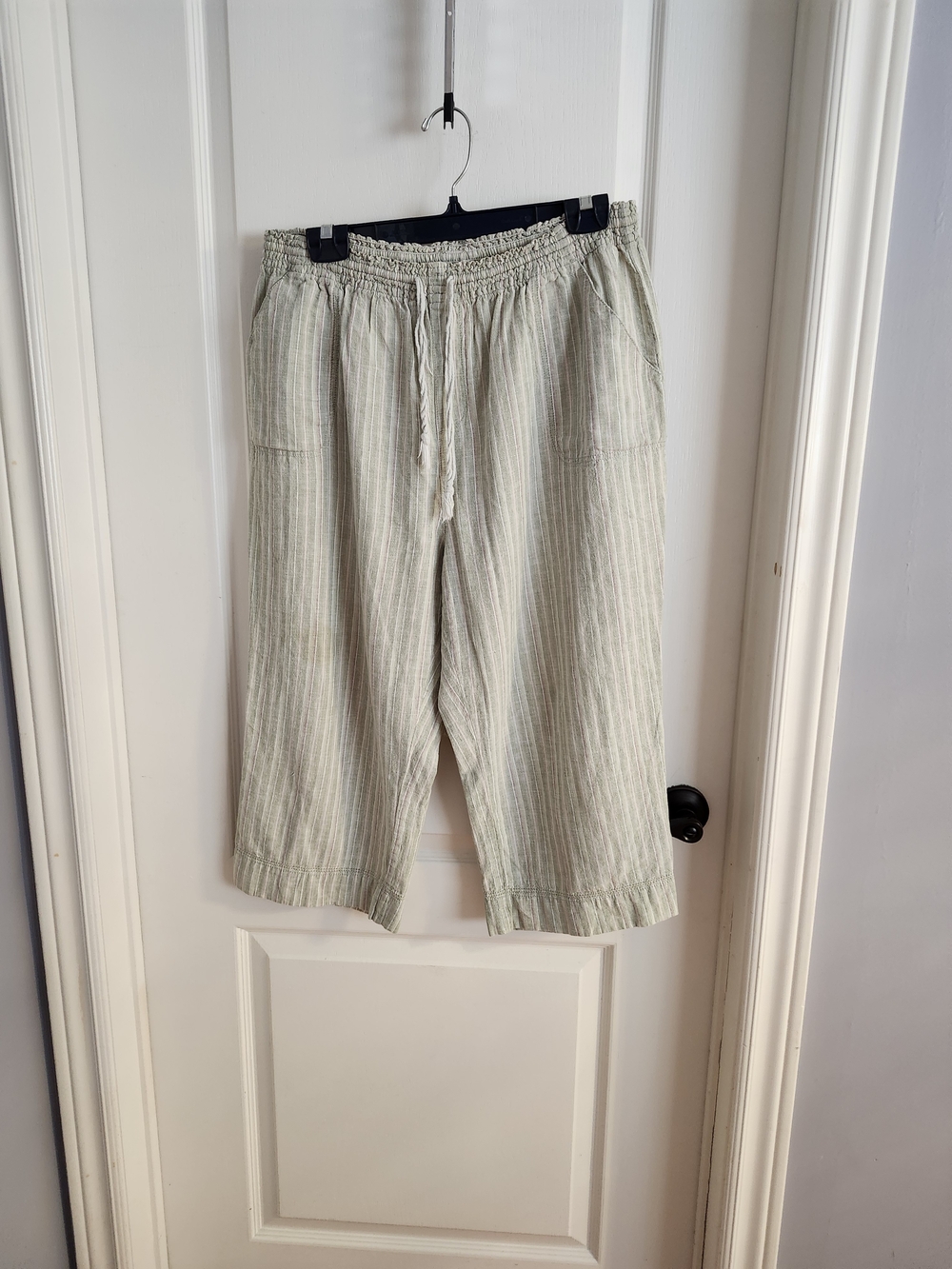 Light Green Striped Drawstring Linen Blend Pants